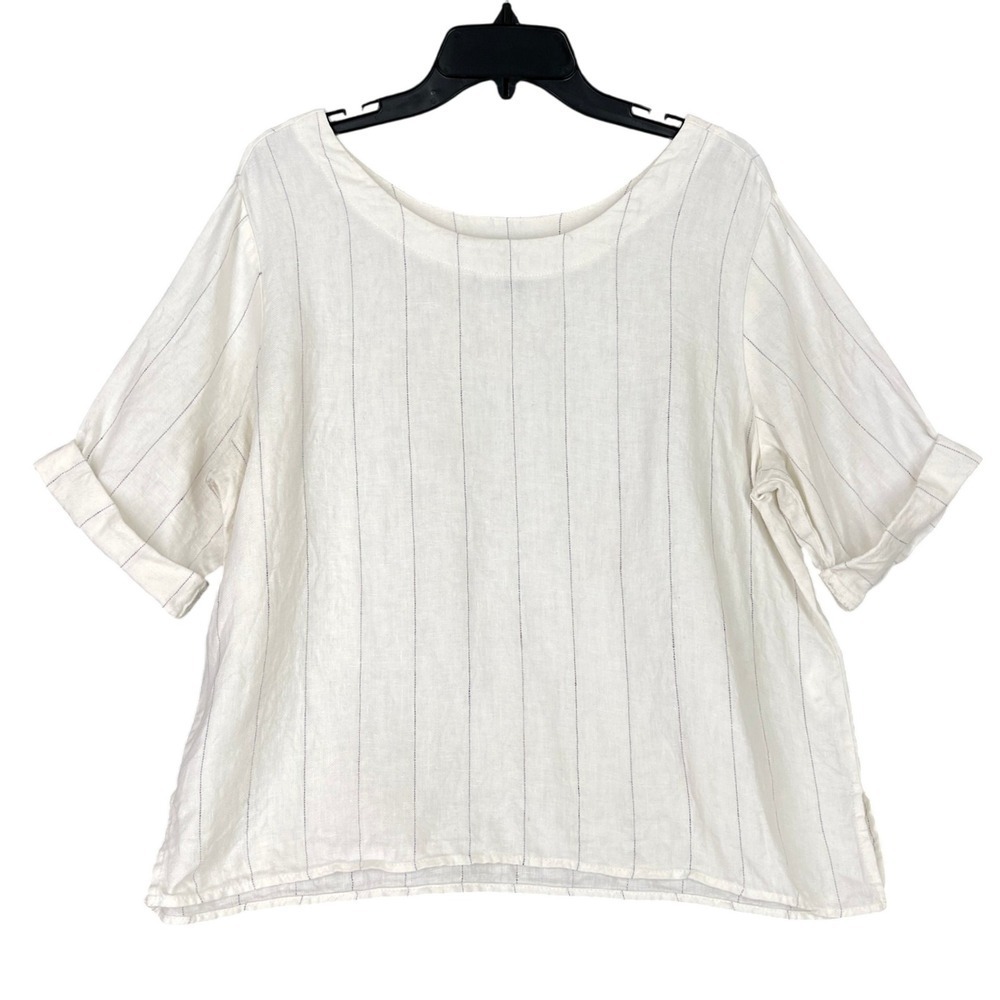 Karen Kane Top Size L White Linen Striped Boxy Minimalist Made USA Coastal Chic‎